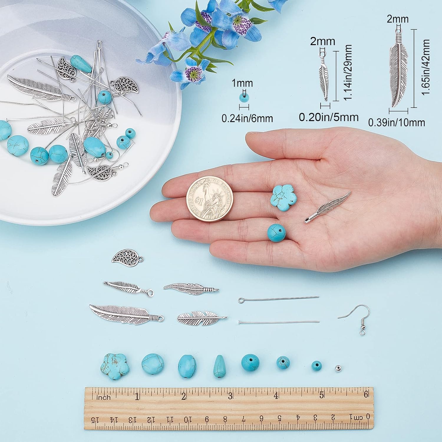 SUNNYCLUE 1 Box DIY 12 Pairs Turquoise Bead Dangle Earrings Making Kit Alloy Enamel Leaf Feather Pendants Charms with Eye Pin & Earring Hooks for DIY Earring Jewelery Making, Antique Silver image 3
