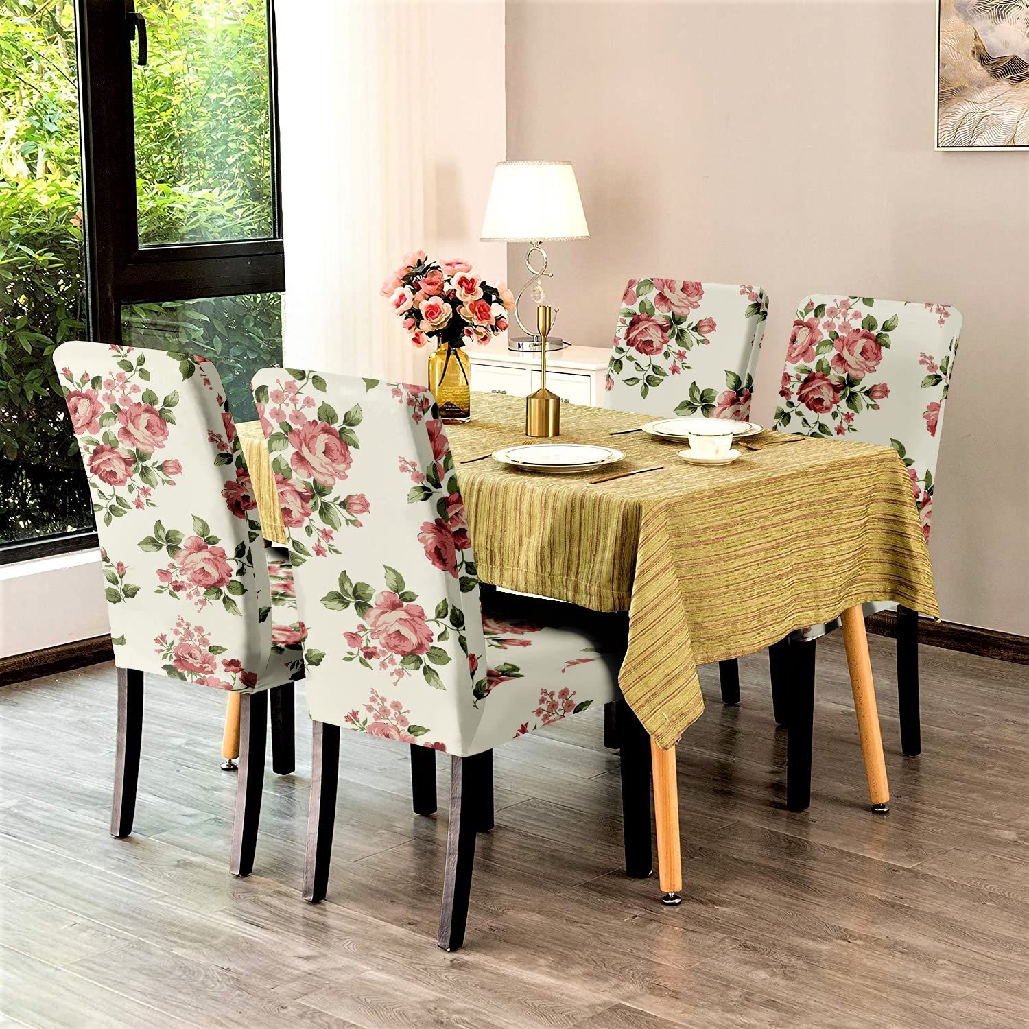 BRIDA ® Polyester & Spandex Elastic Stretchable Rose Flowers Printed Dining Chair Covers, Set of 4 (Standard size) 3