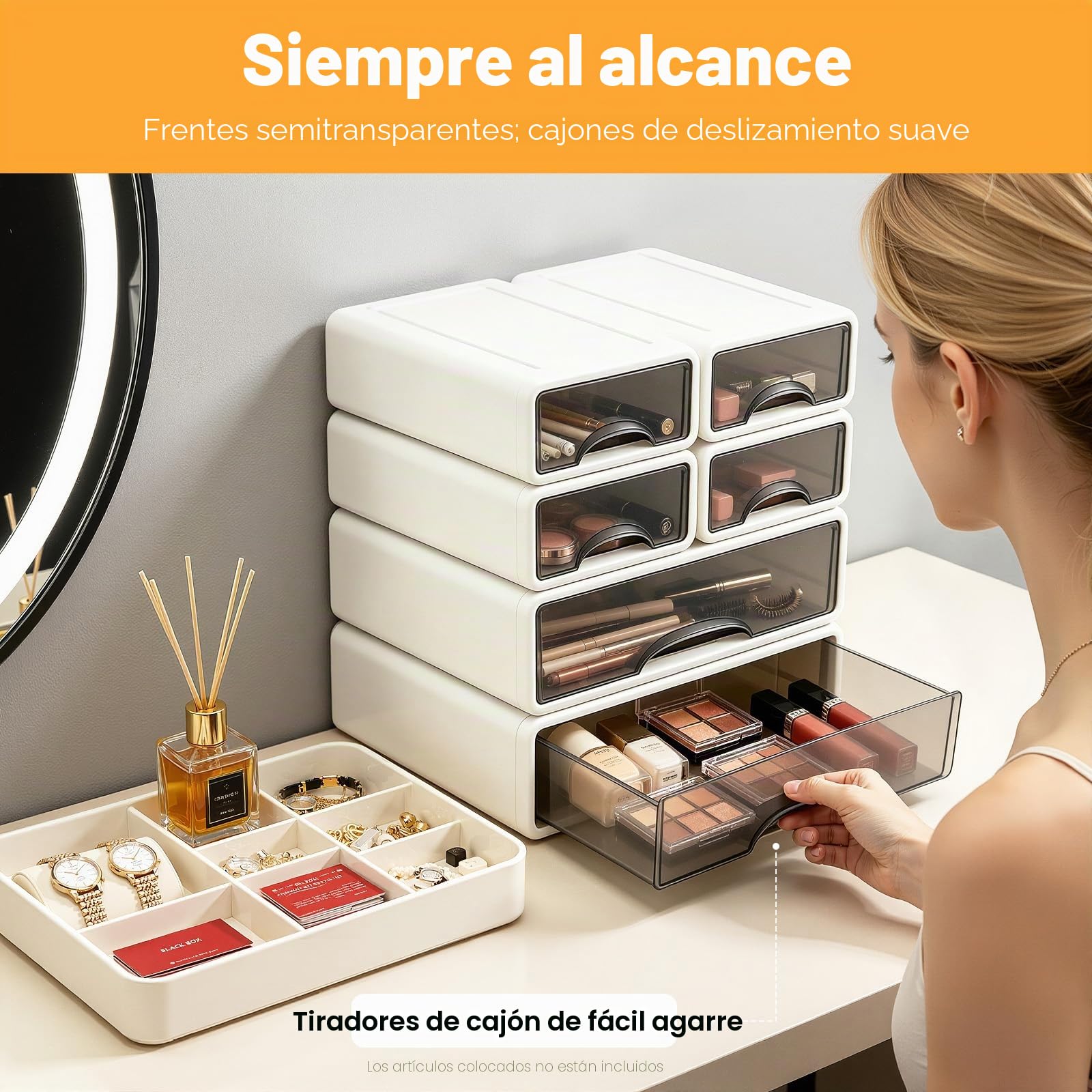 Caja de almacenamiento de oficina, organizador de escritorio de plástico con 6 cajones, apilable para oficina, hogar, suministros de arte 34 x 25 x 33 cm (blanco)