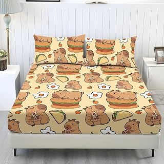 Egg Burger Capybara Fitted Sheet Set Full Size Bed Sets for Kids Boys Room Decor, 1 Fitted Sheet + 2 Pillowcases, 198x203 cm