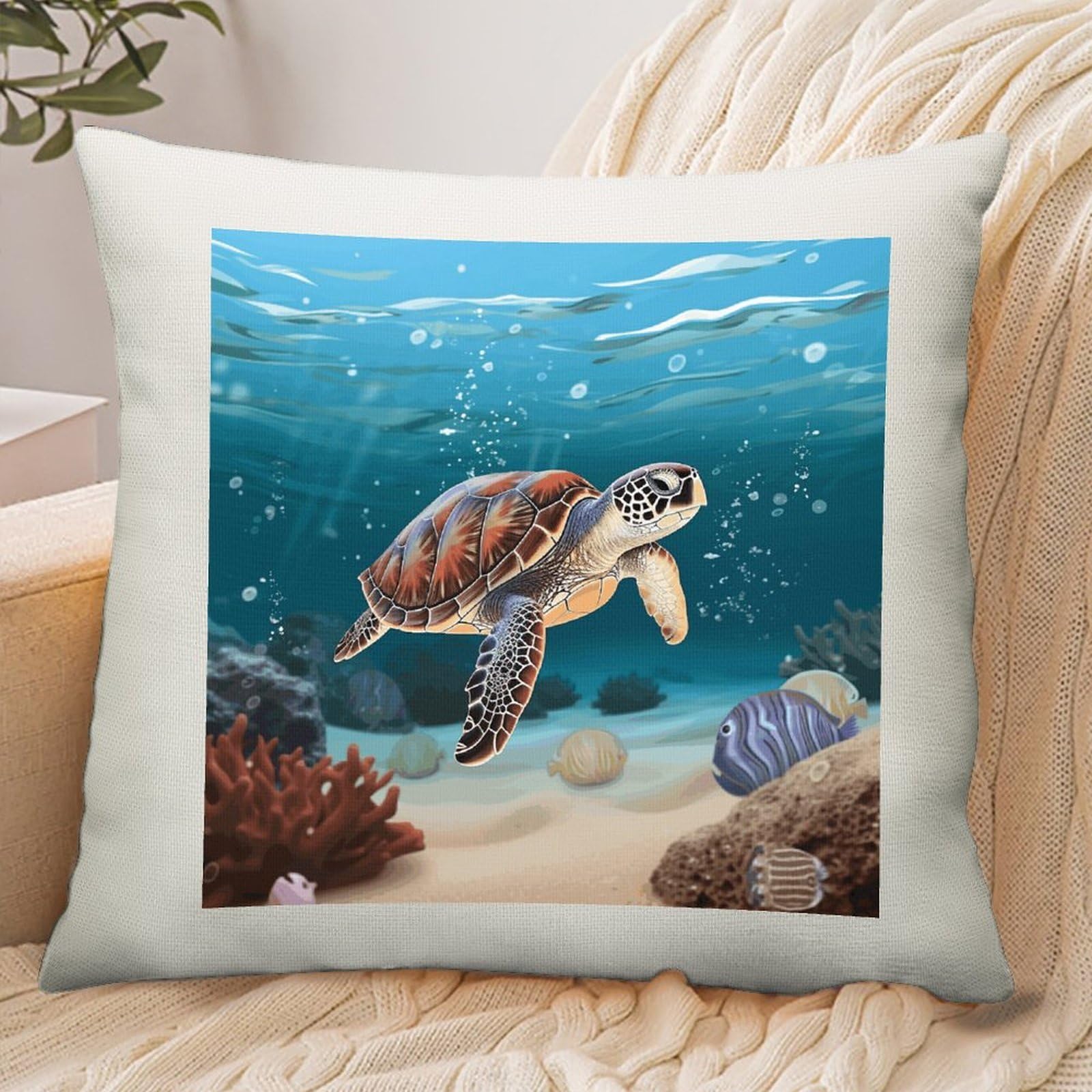 Adfgyerh Style Sea Turtle Swimming Pillow Cover Breathable,Pillowcases Boho Decorative Envelope Closure,Throw Pillow Covers For Beach,Patio,Balcony,Couch Living Room 18 * 18In