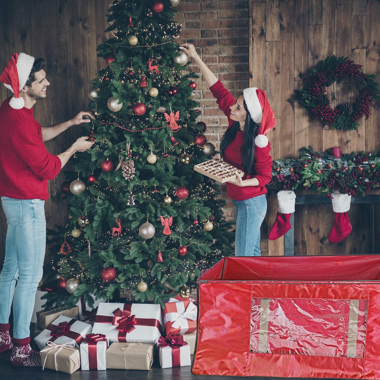 ProPik Rolling Christmas Tree Storage Bag, Fits Up to 9 Foot Tall Disassembled Trees, 25" X 25" X 60", Extra Large Heavy Duty Xmas Container with Wheels, Handles and Straps (Red)