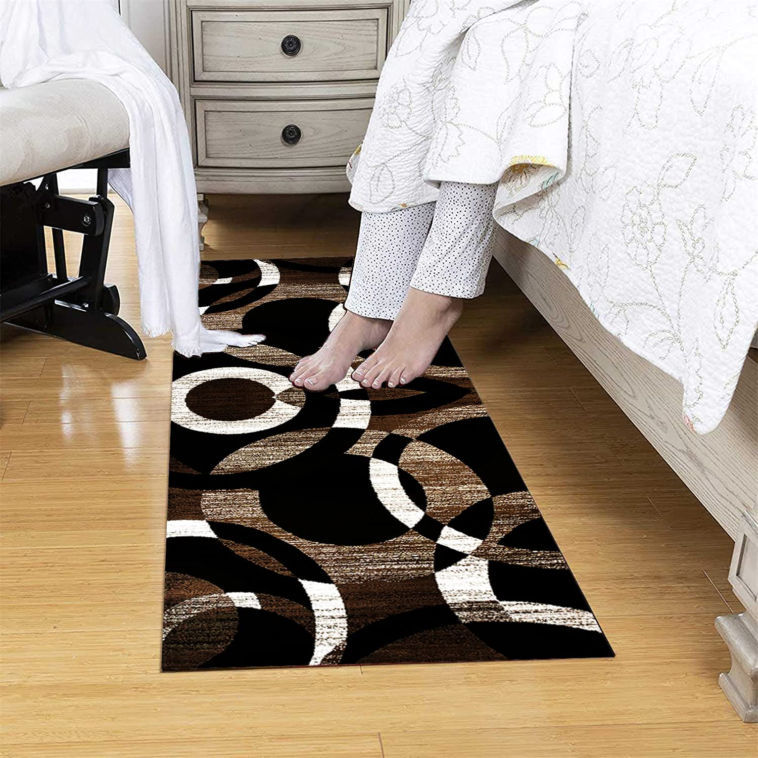 Tapis de Couloir Passage 80X420CM Antidérapant Style Géométrique, Tapis Long Marron, Noir, Blanc Polyester Lavable pour Couloir, Entrée Étroite Salon Runner Rug Moderne Tapis