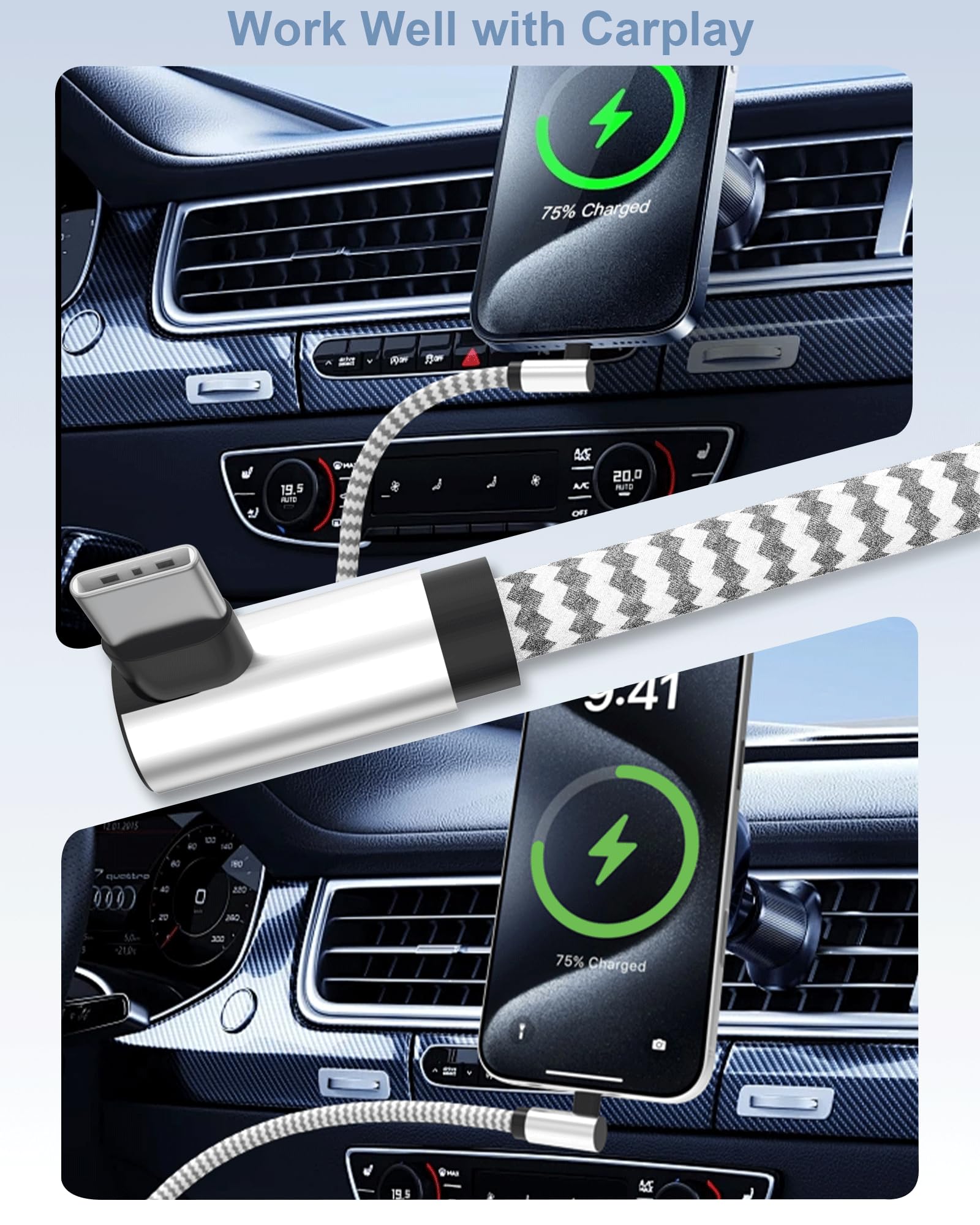 Cable USB C a USB C de 60 W, 2 unidades, 6 pies, cable de carga rápida tipo C a C para iPhone Air serie 17/16/15, cargador de teléfono lateral en ángulo recto para Samsung Galaxy Ultra S25/S24/S23