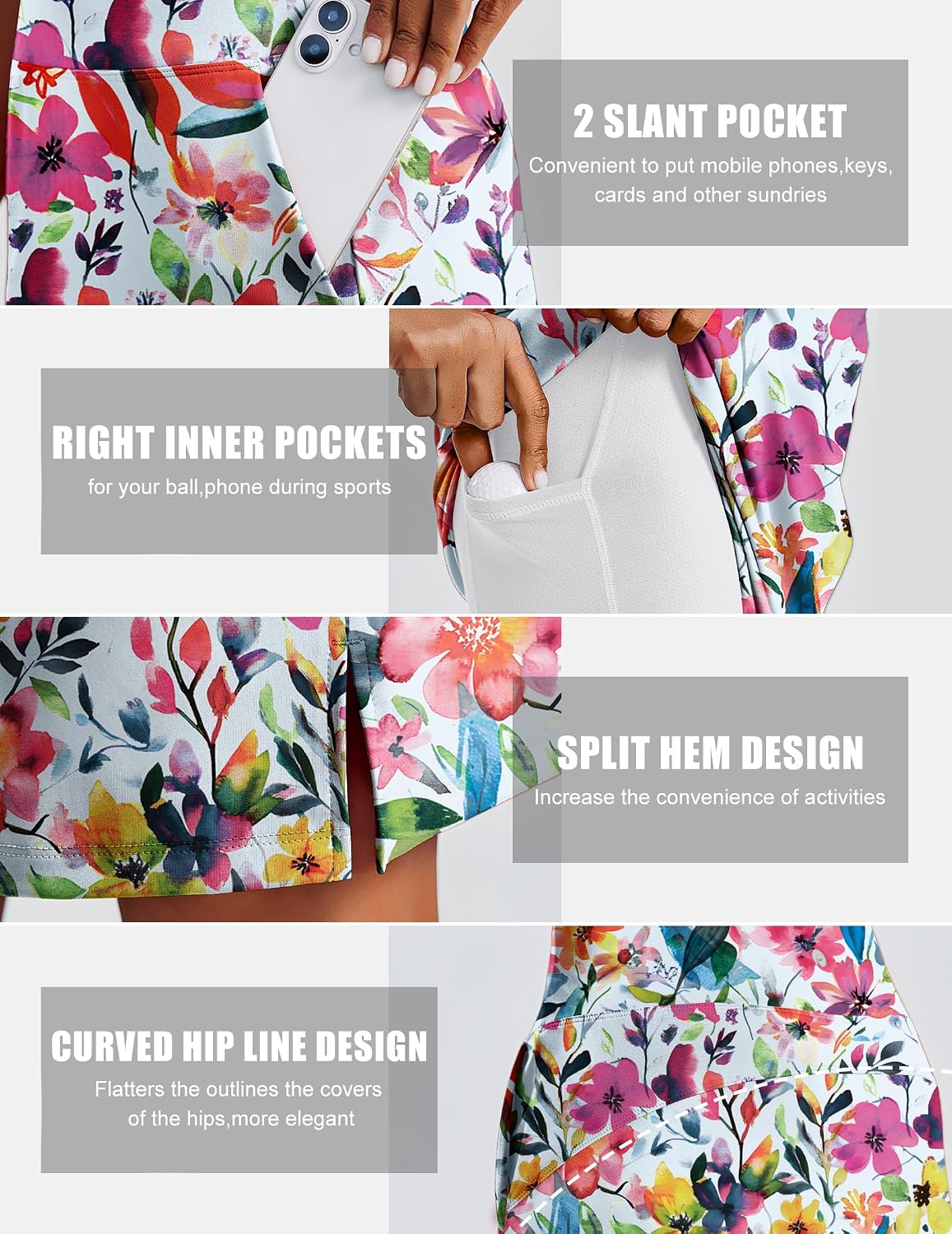 PINSPARK 20" Skorts for Woman Knee Length UPF 50+ Golf Skirts with 3 Pockets High Waisted Athletic Tennis Skort Casual Skirt