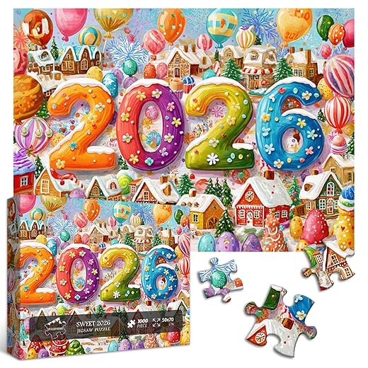 PICKFORU Happy New Year 2026 Jigsaw Puzzles 1000 Pieces, Sweet Christmas Desserts Puzzles for Adults, Balloons Candy Food Puzzle