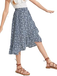 Girl's Boho Chiffon Floral Print Ruffle Hem Asymmetrical Elastic High Waist Flowy Midi Skirt