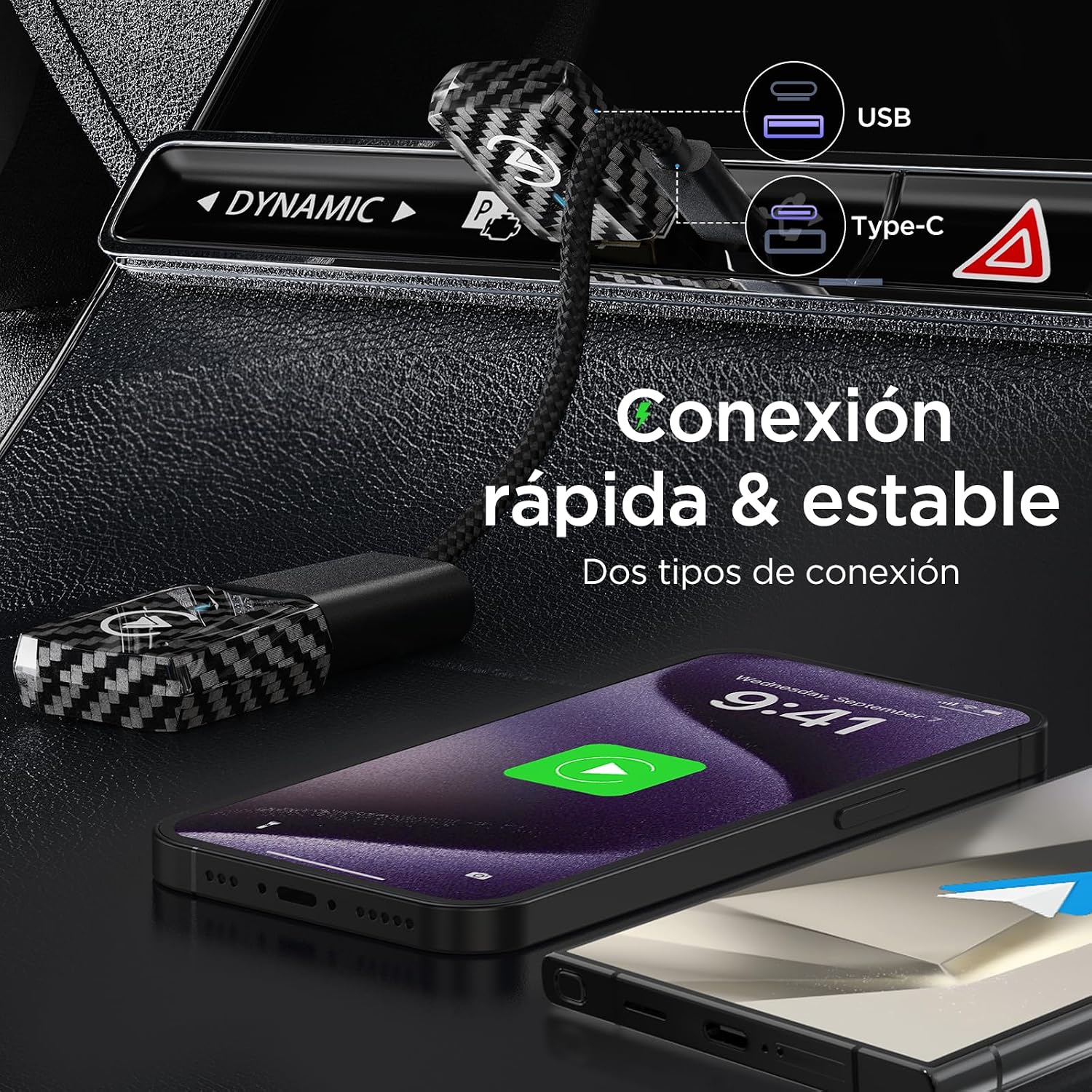 Compatibility diagram showing wired to wireless CarPlay and Android Auto conversion