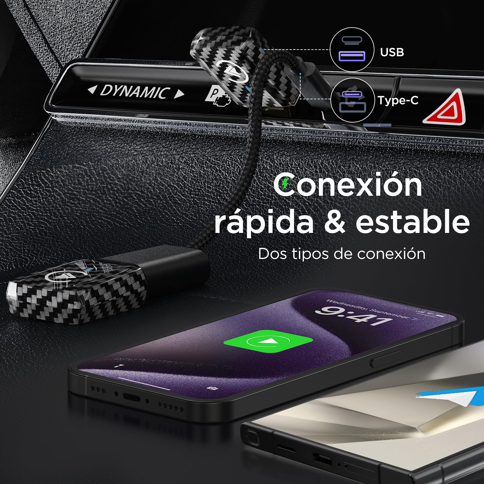 MSXTTLY Adaptador CarPlay Inalámbrico Android Auto - U2AC-01 Convierte CarPlay y Android Auto con Cable en inalámbrico, Compatible con iPhone 12–17 Pro MAX & Android 11+, USB-C/A, Negro