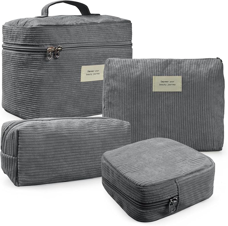Conjunto com 4 necessaires de veludo cotelê LVWNM com zíper, tamanhos variados, 08-Gray