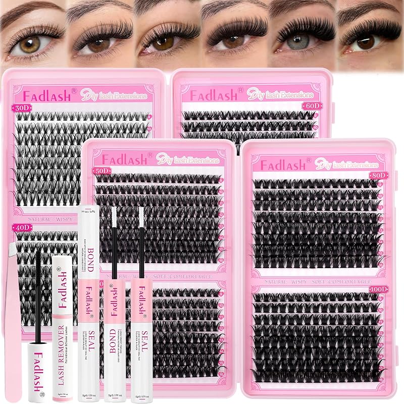 Kit de cílios em tufos FADLASH 1144 unidades 30D/40D/50D/60D e 50D/60D/80D/100D, curvatura D, 9–16 mm, com adesivo, selante, removedor e pinça
