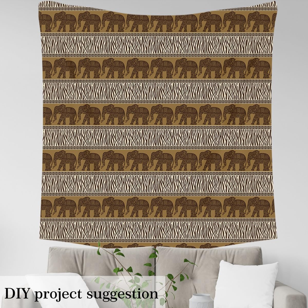 Geometric Elephant Waterproof Fabric by The Yard Brown Abstract Wild Animal Home DIY Fabric by The Yard Exotic Tribal Stripes Soft Flannel Polyester No Stretch Fabric Quilting Sewing,2 Yards