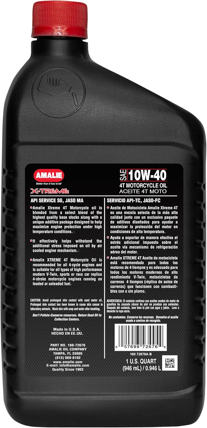 AMALIE X-Treme Max 4T 10W-40 Motorcycle Oil (160-72676-56) 1 Quart Bottle, Pack of 12 | Made in USA