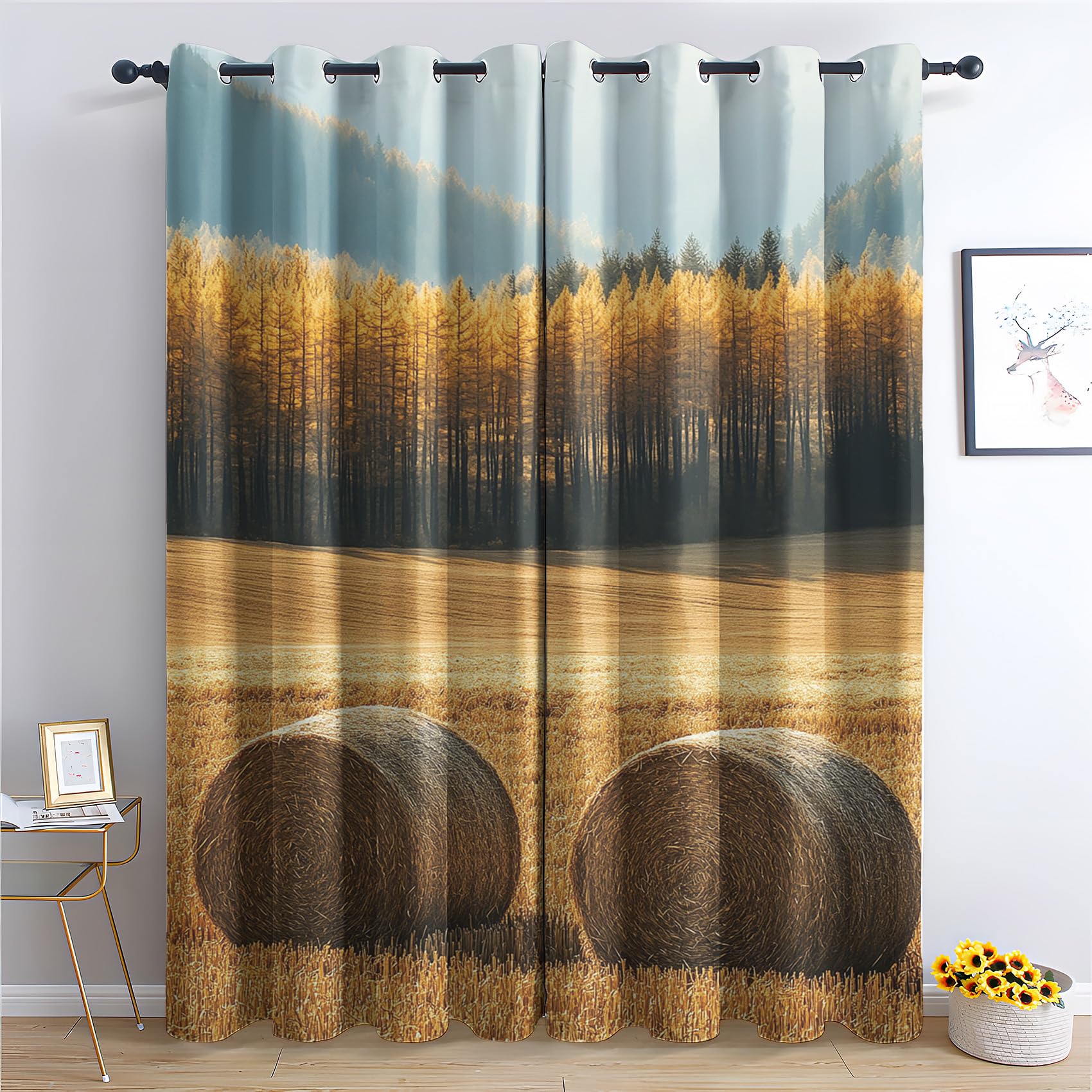 DlaQoryx Autumn Wheat Field Blackout Curtains, Fall Mountain Woodland Thermal Curtains, Curtains & Drapes for Bedroom Living Room Home Decor, Eyelet Window Curtains 2 Panels 50x90 Inch drop