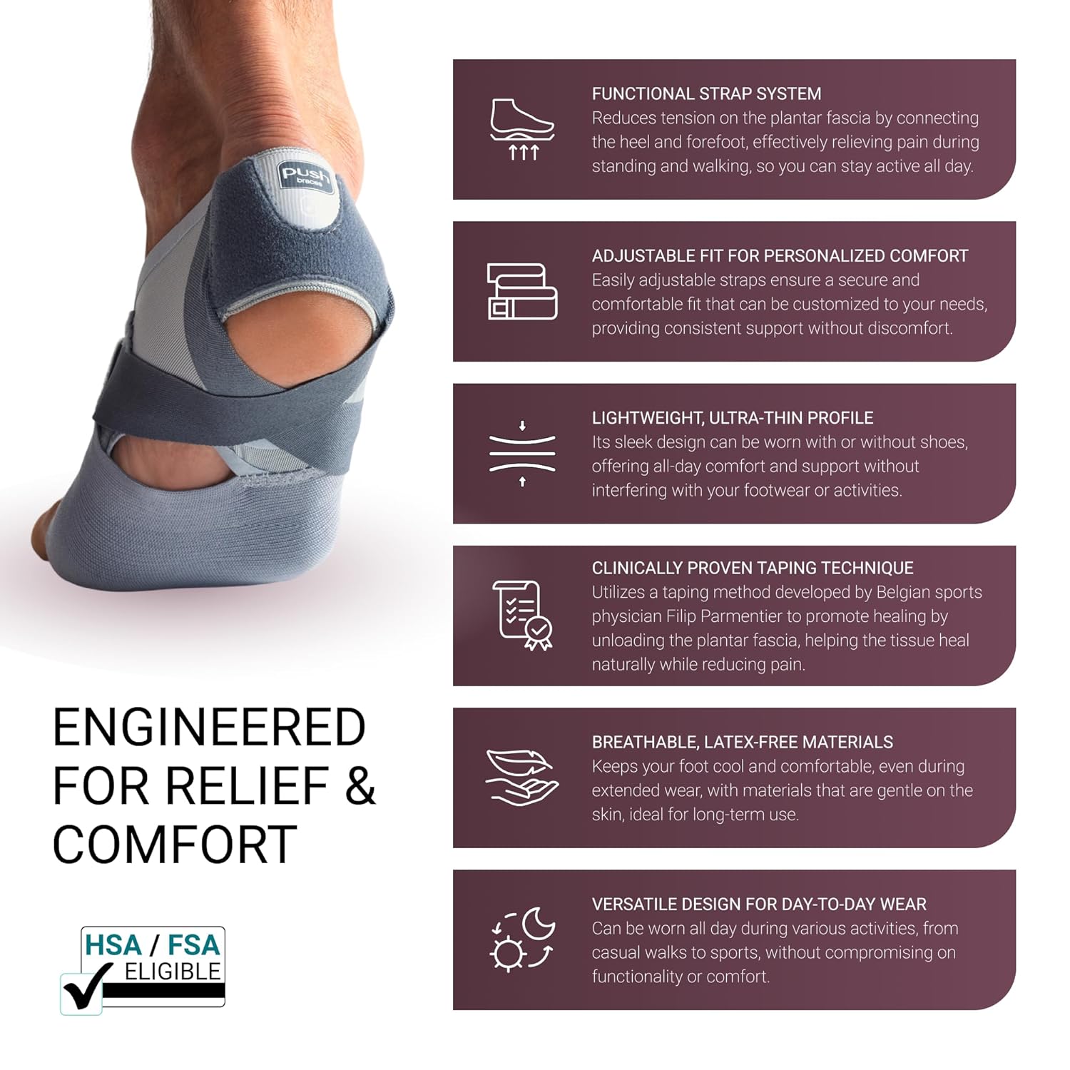 PUSH med Foot Brace FP | All-Day Plantar Fasciitis Relief Brace for Heel Pain | Lightweight Foot Support, Worn With or Without Shoes (Left, Size 4/X-Large)