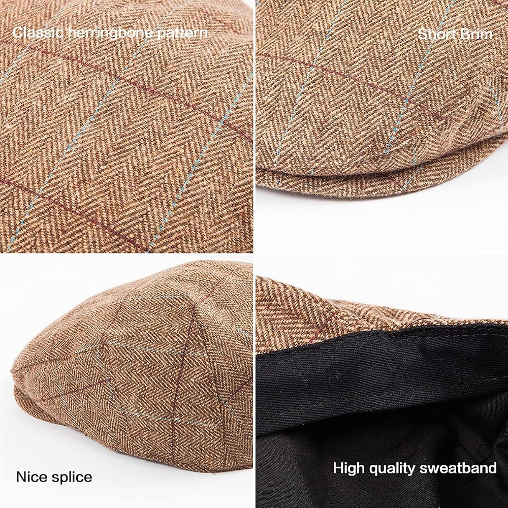 Casquette Plate Newsboy En Tweed Laine - Style Gatsby Vintage, Réglable, Gris Plaid | Pour Homme, Décontracté, Automne-hiver