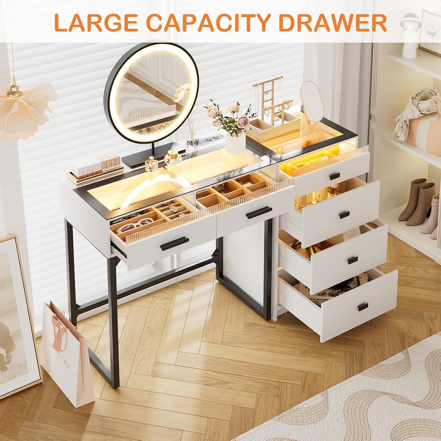 Large capacity drawers with visible contents