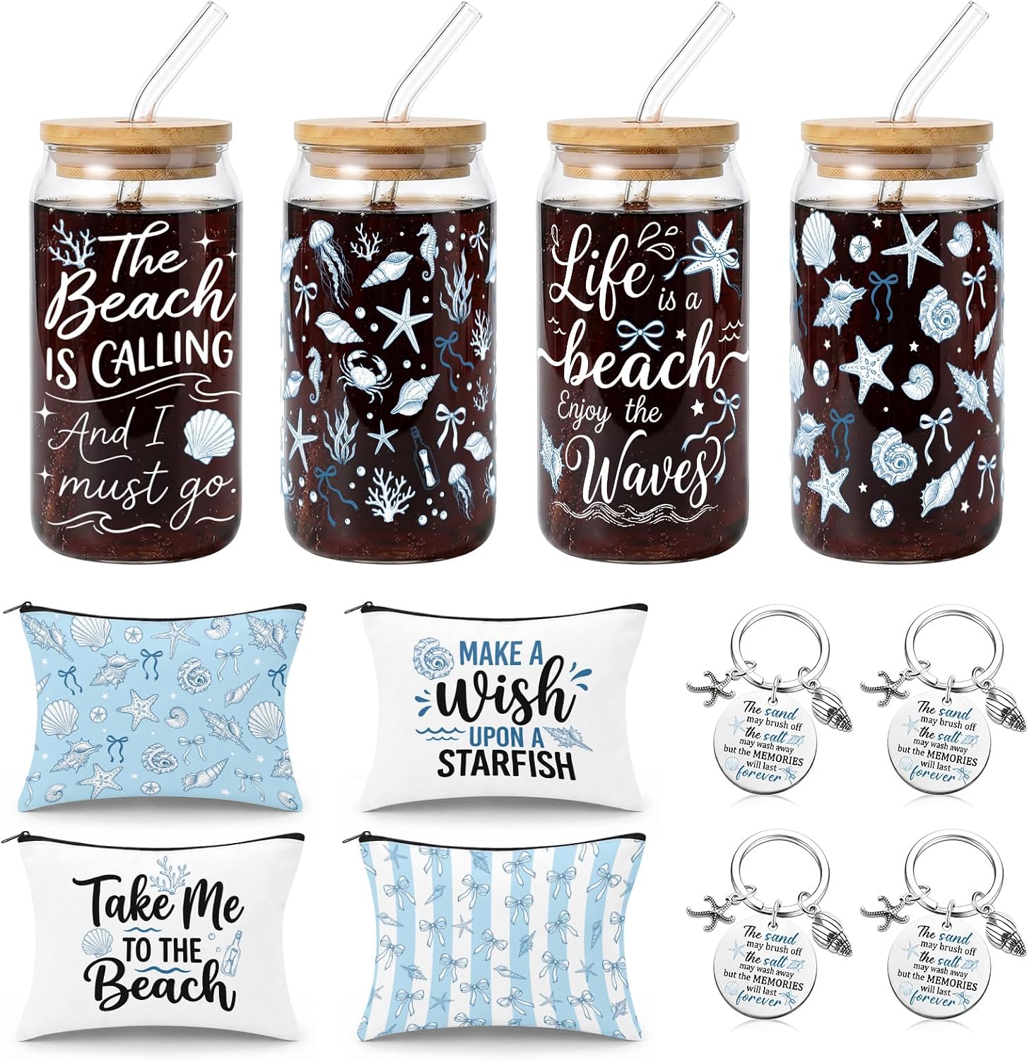 12 Pcs Summer Beach Gifts for Women Coastal Ocean Glass Cups with Lids and Straws Set 16oz Summer Iced Coffee Cups Tumbler Makeup Bags Keychains Ocean Seashell Bulk Gifts for Women Girls Trip