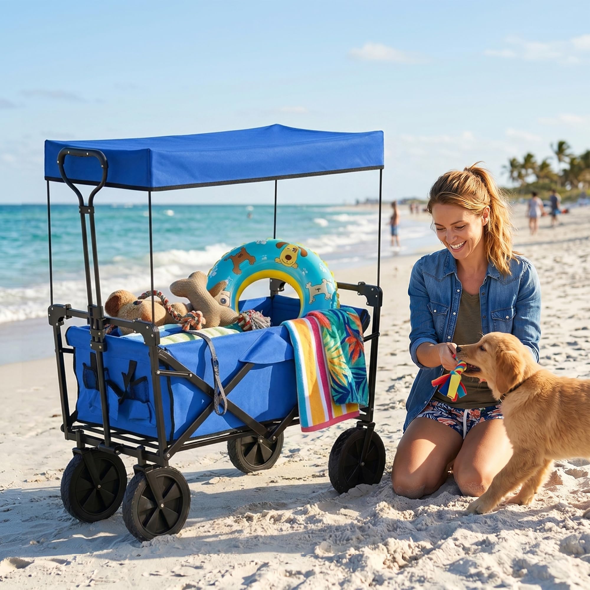 Outsunny Carro Plegable con Toldo Desmontable Carro de Playa Carro de Jardín con Longitud y Ángulo del Mango Ajustables Ruedas Grandes y Bolsa de Transporte Carga 100 kg para Compra Azul