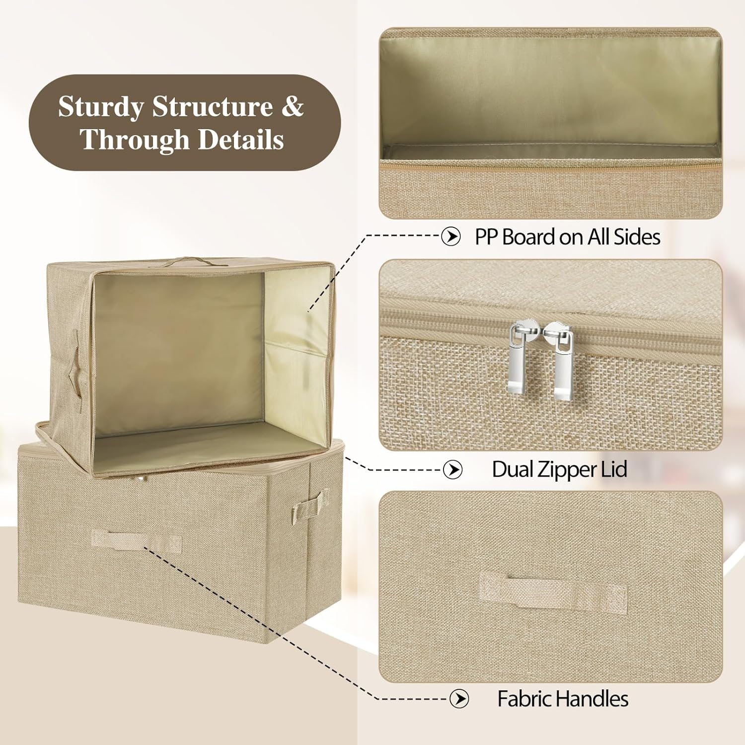 ANMINY 2PCS Storage Bins with Zipper Lids 36 Qt Lidded Fabric Storage Boxes Baskets Cubes with Handles Collapsible Washable Cotton Linen Closet Shelf Clothes Organizer Containers - Beige, Large