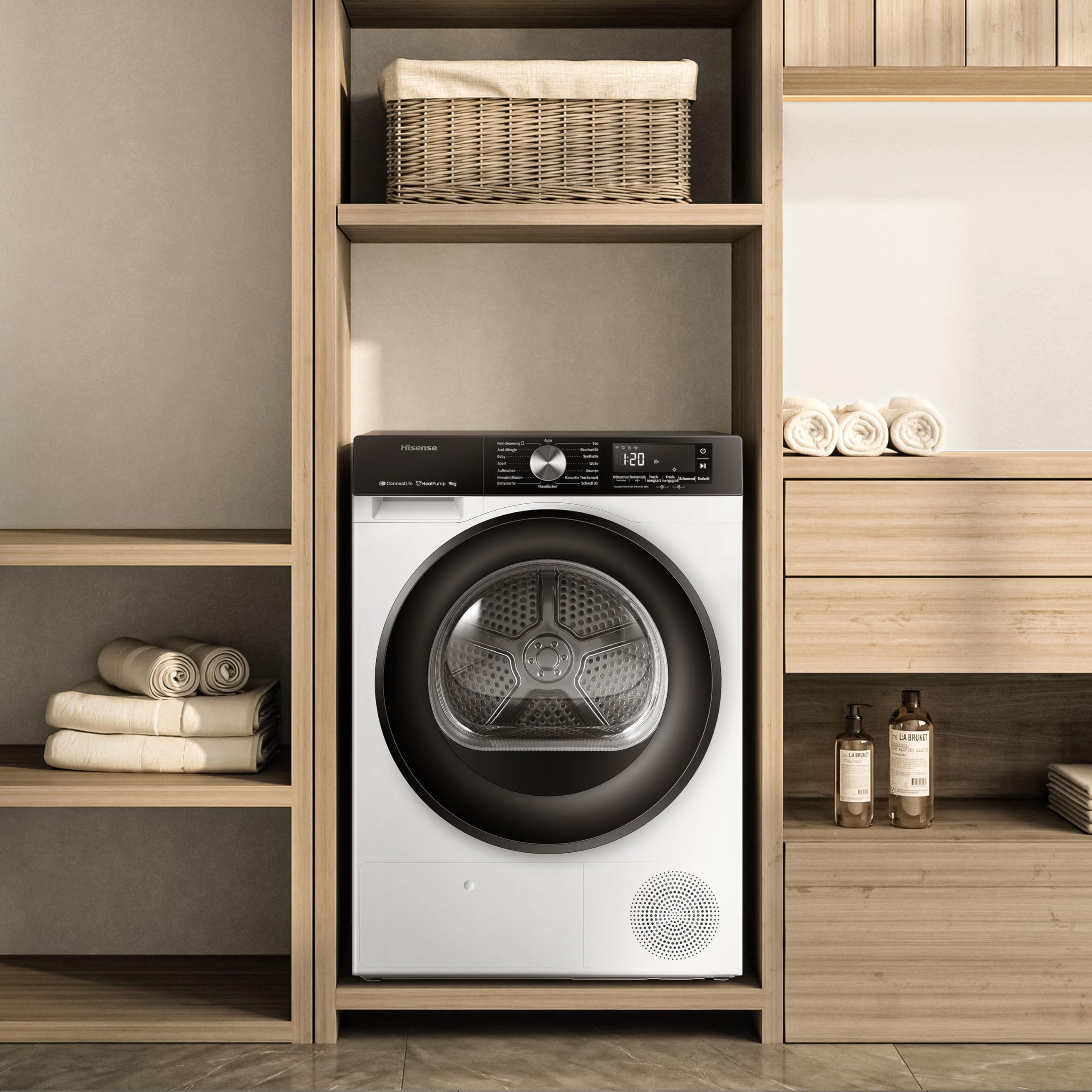 Hisense DH3S902BWCC Kondenstrockner mit Wärmepumpe / 9KG / 16 Programme/ConnectLife/Autodry/QuickDry/Allergie-Pflege/Auffrischen/TwinAir/DelayEnd/Feuchtesensor/EEK: C/Weiß