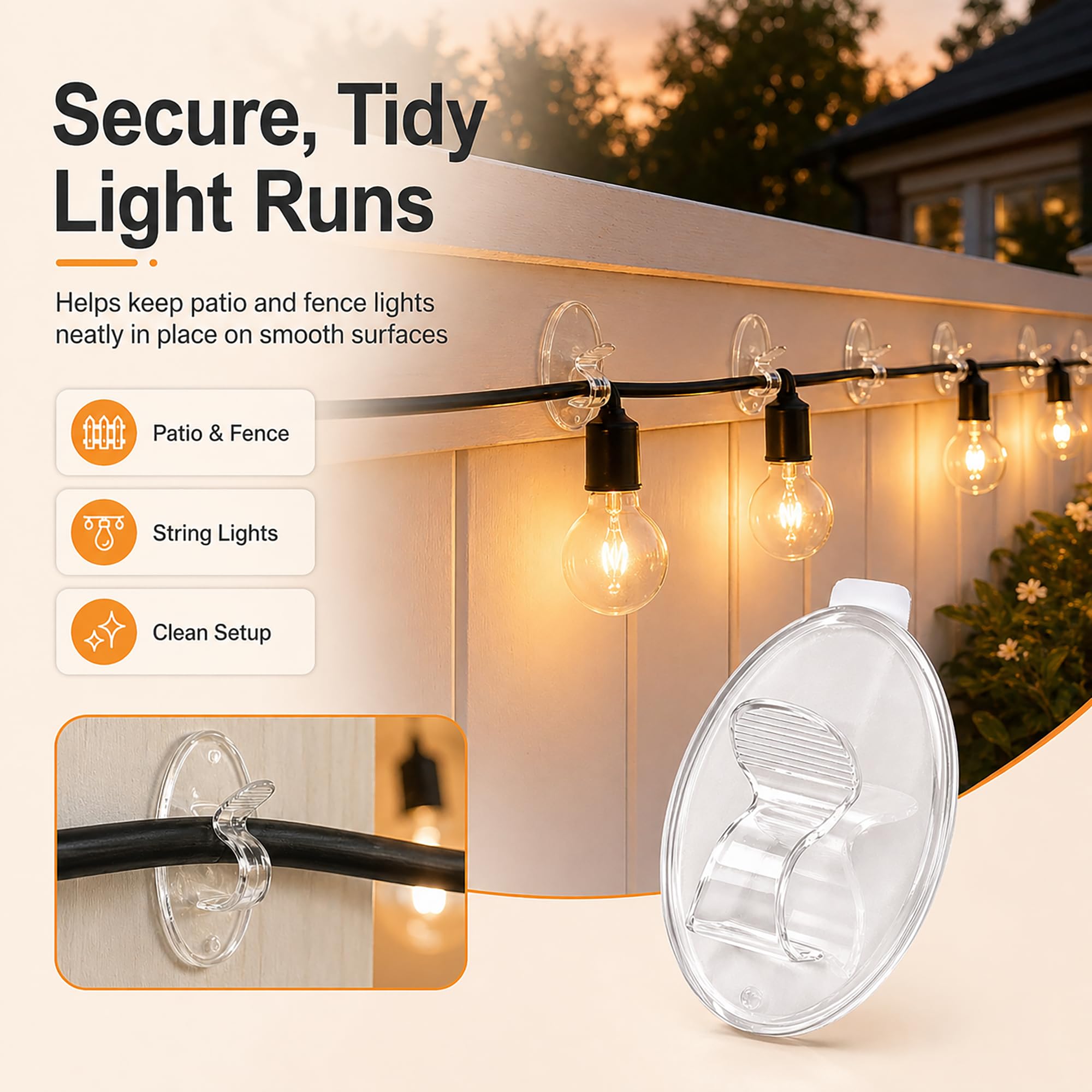 Ganchos para clips de luz de cuerda al aire libre: 20 clips de cadena de luces para exteriores, clip de luz transparente resistente para colgar con adhesivo impermeable para colgar en el patio