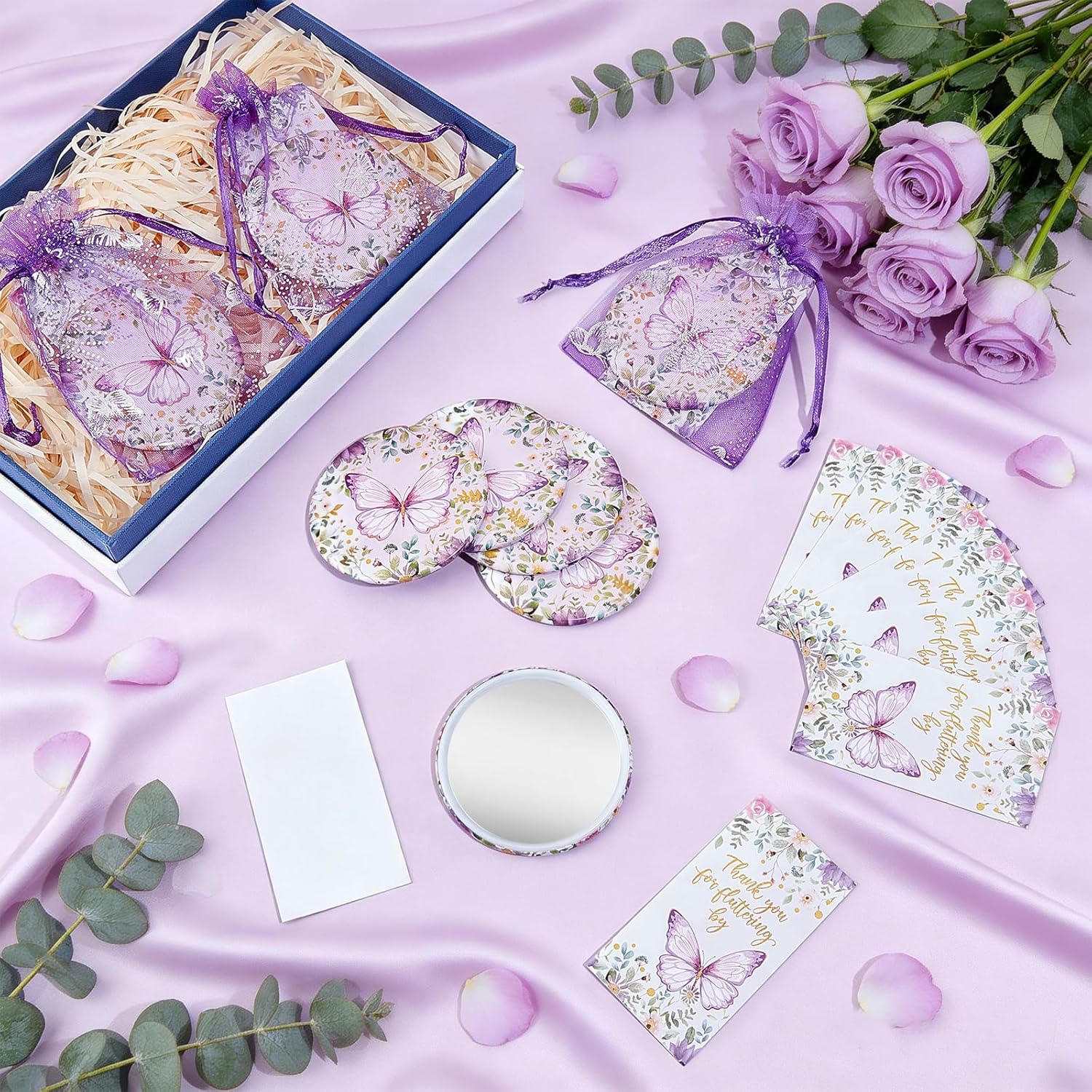 peacoblue 48 Set Purple Butterfly Compact Pocket Mirror Bulk with Thank You Cards Gifts and Bags 4.72x3.54 Inch for Wedding Party Favors, Bridal Shower, Gender Reveal, Quinceanera