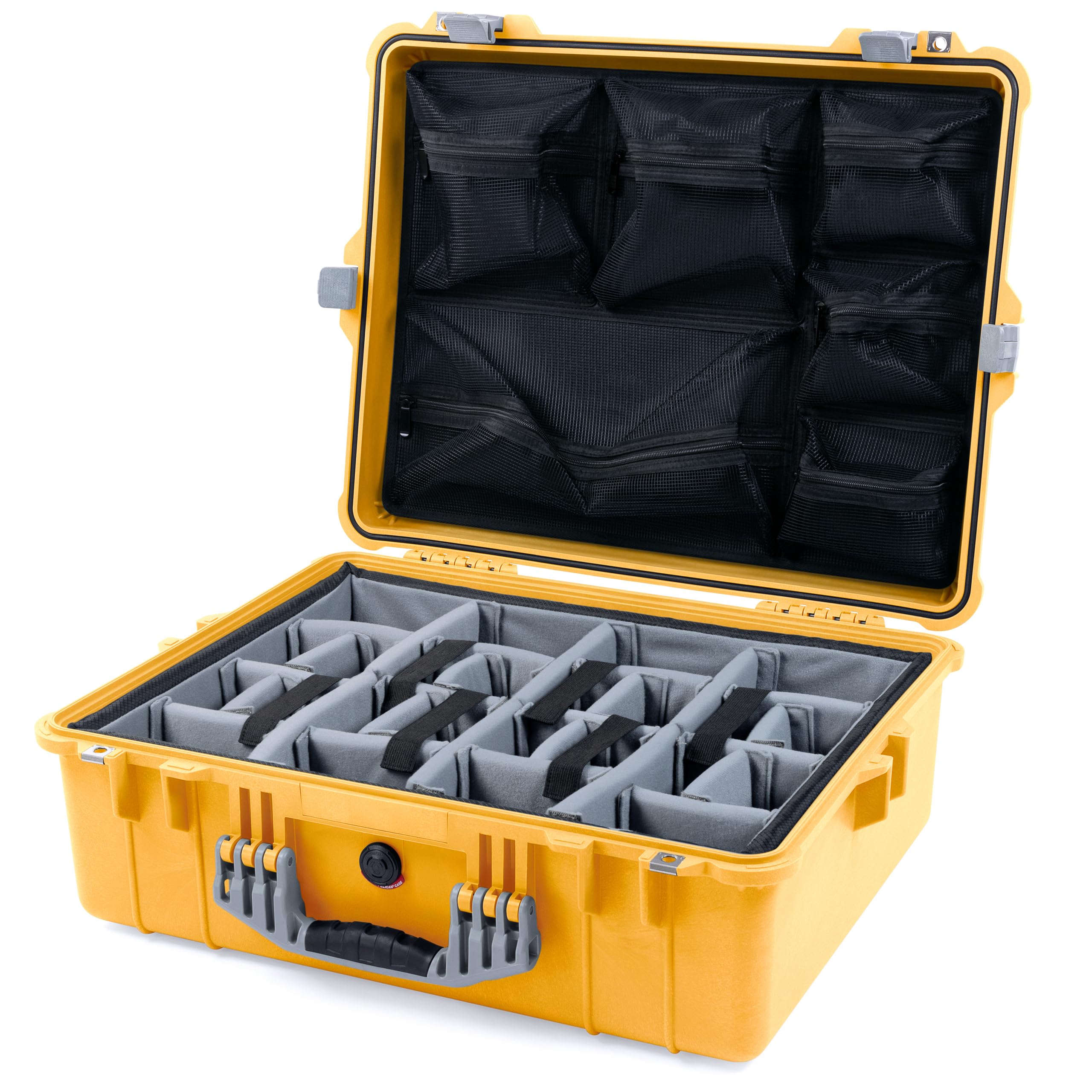 Pelican 1600 Case by ColorCase - Yellow - Large Size Waterproof Case with Grey Padded Dividers & Mesh Lid Organizer - Silver Handle & Latches