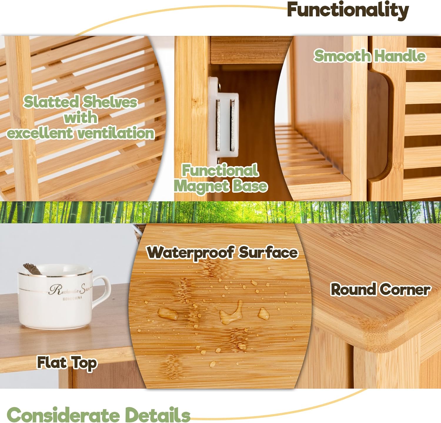 LOKO Bamboo Cabinet, Bathroom Floor Storage Cabinet with Doors and Shelves, Multifunctional Storage Cabinet for Bathroom, Living Room, Kitchen, Dining Room or Entryway, 26 x 13 x 34.5 inches