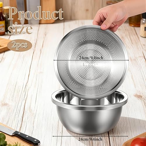 Miniatura 2 de 304 Stainless Steel Colander 5QT Microporous Colander and Large Bowl, Rice-Strainer with Salad Mixing Bowl Rice Washer Strainer Bowls for Washing