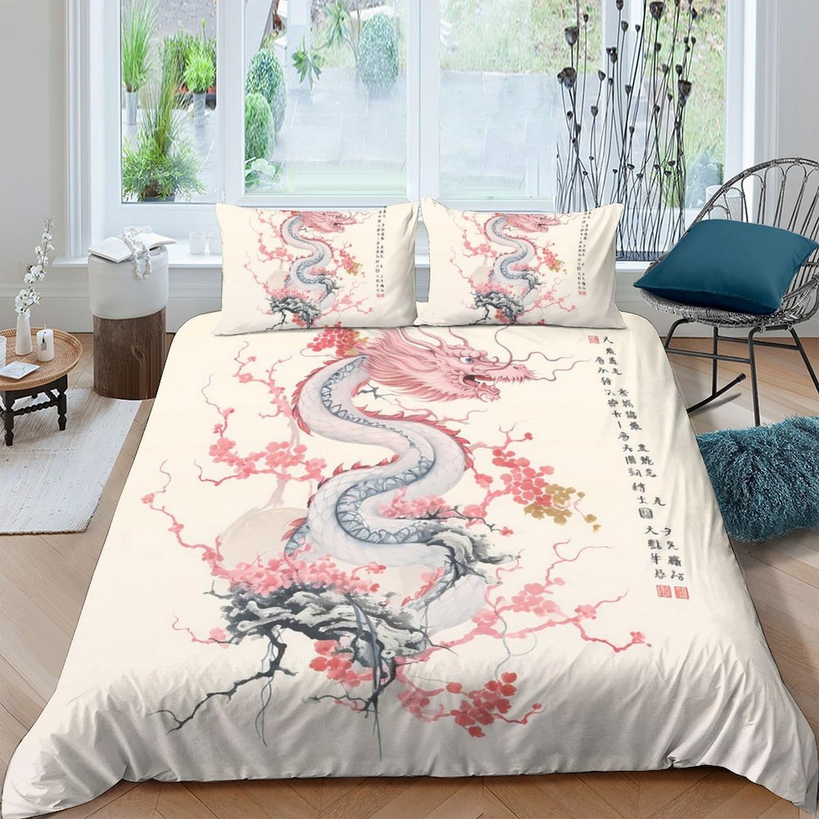 Ctjqhvkz Style-2 3D Printed Cherry Blossom Dragon Fitted Sheet Microfiber Soft Bed Cover Bedroom Decor Anti-Slip Washable Mattress Protector Single（135X200cm）