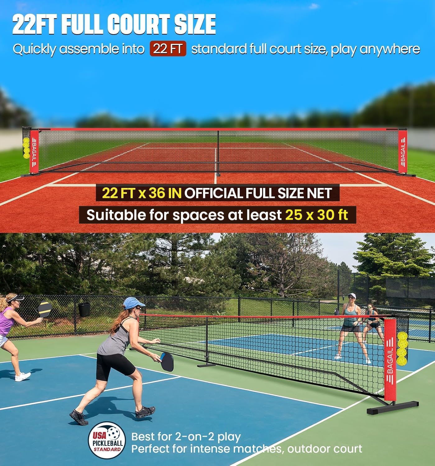 BAGAIL Portable Pickleball Net Set, 22 FT Regulation Size Pickle Ball Net with Ball Collector, 4 Balls and Carry Bag, Easy Setup for Outdoor Indoor Driveway