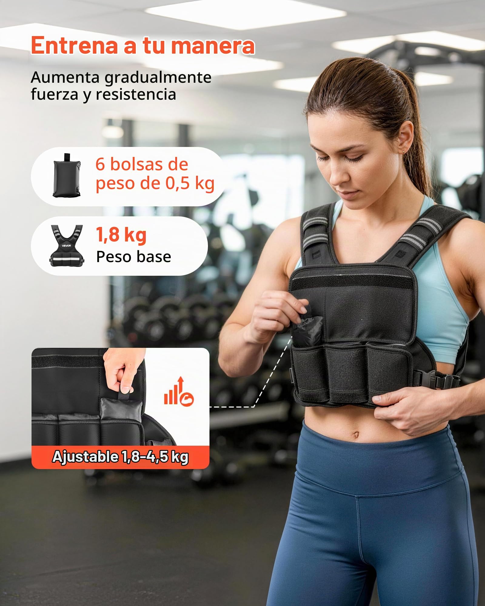 VEVOR Chaleco Lastrado Ajustable de 4,66 kg, Chaleco Ponderado con Forma de X, con 8 Paquetes de Pesas Extraíbles de 0,45 kg, para Entrenamiento de Fuerza, Correr, Fitness, Desarrollo Muscular