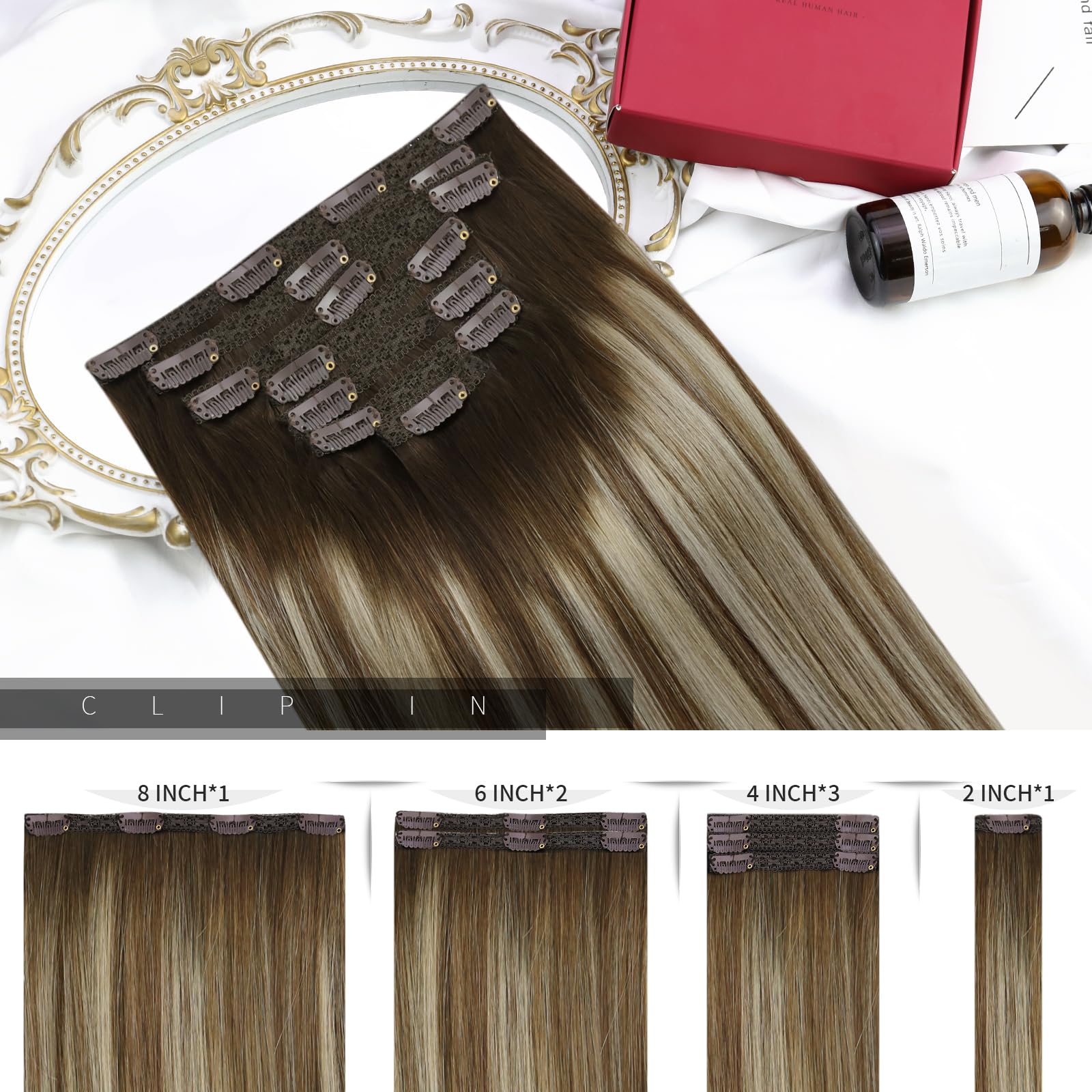Moresoo Clip in Hair Extensions Real Human Hair Balayage Medium Brown and Blonde Real Hair Extensions Clip in Human Hair for Women Full Head 22 Inch 7pcs/120g #4/6/613 - Image 3