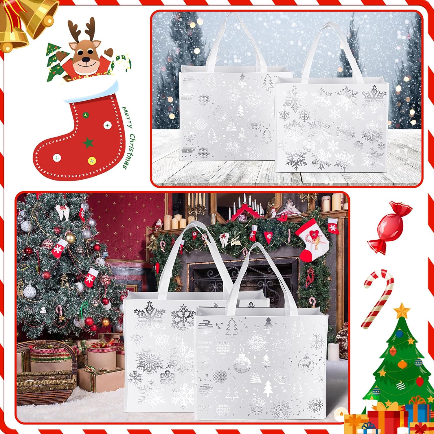 Sweetude 6 Pcs Extra Large Christmas Silver Bags for Gift 16 x 13 Inch White and Silver Metallic Snowflake Gift Bag for Women Reusable Christmas Non Woven Wrap Tote Bags for Xmas Party Favor - Image 6