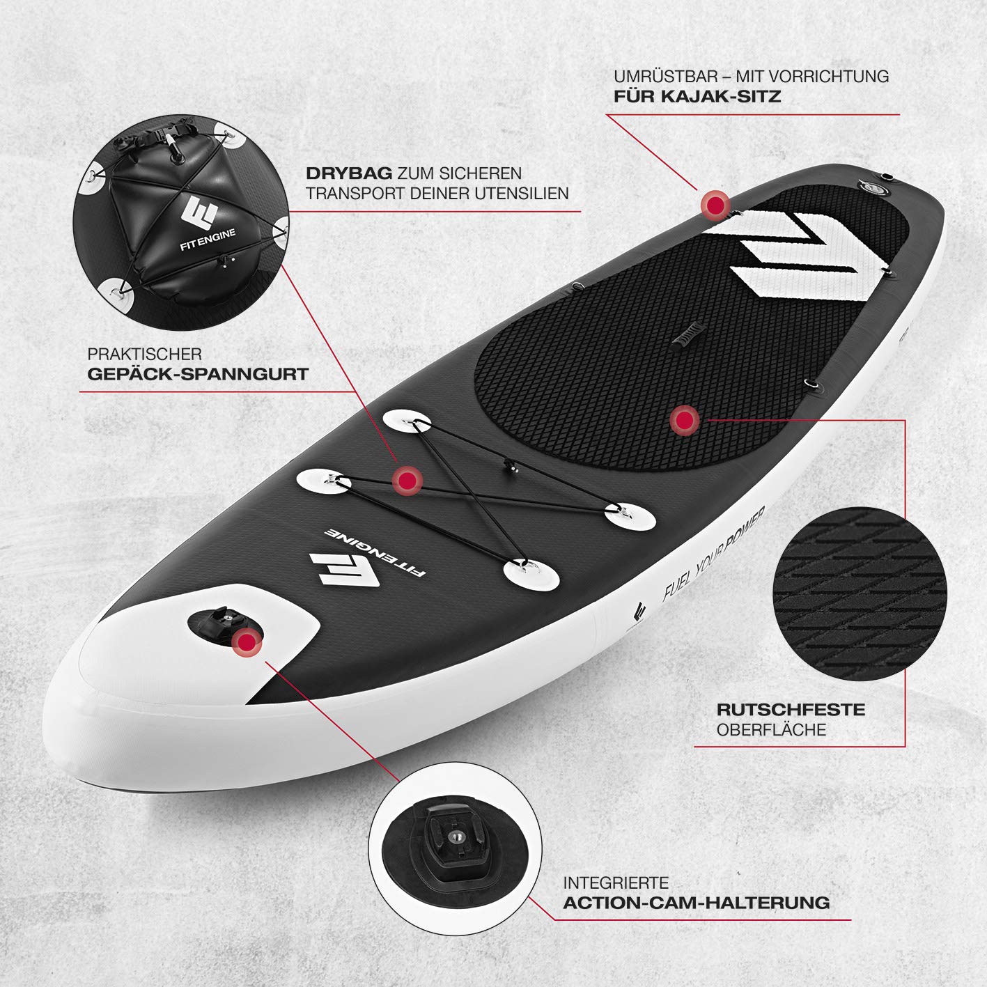 FitEngine SUP Allrounder/Racer/Junior 8' - 12'' | Umfangreiches Stand-up-Paddle-Board Set inkl. Drybag, Handyhülle und Co. | Drop-Stitch Qualität von der starken SUP Marke