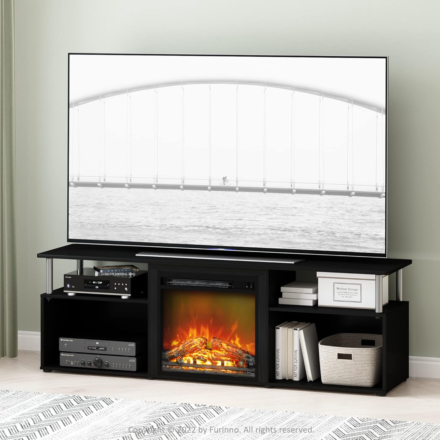 Furinno Jensen Open Storage Fireplace Entertainment Center for TV up to 70 Inch with Stainless Steel Tubes, Americano/Chrome