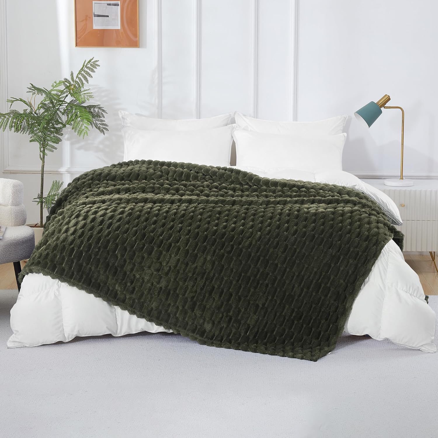 Taliska Dark Green Fleece Twin Blanket 60"x80" - 3D Turtle Shell Texture Soft Fluffy Warm Blanket, Cozy Lightweight Twin Blankets for Couch Sofa Bed All-Season Home Decor