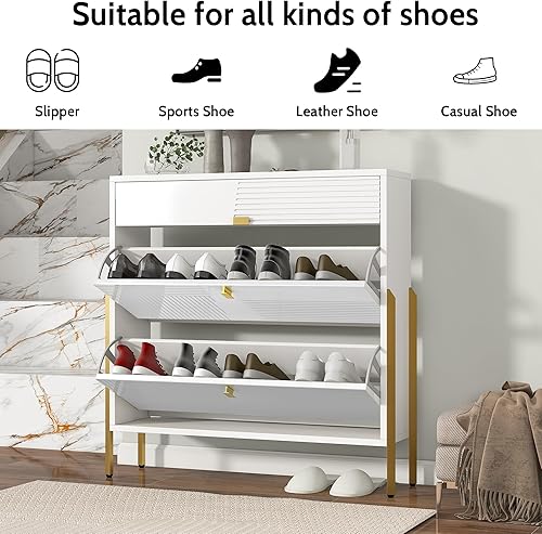 Vista 38 de RUNNA Organizador delgado de entrada con 2 cajones abatibles, armario de almacenamiento de zapatos con parte superior de vidrio templado con cajón