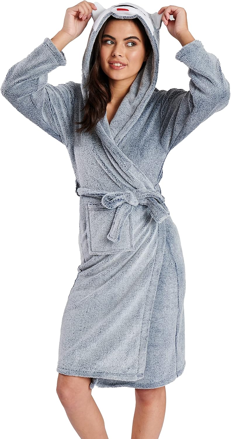 Undercover Ladies Fleece Hooded Animal Dressing Gown Robe