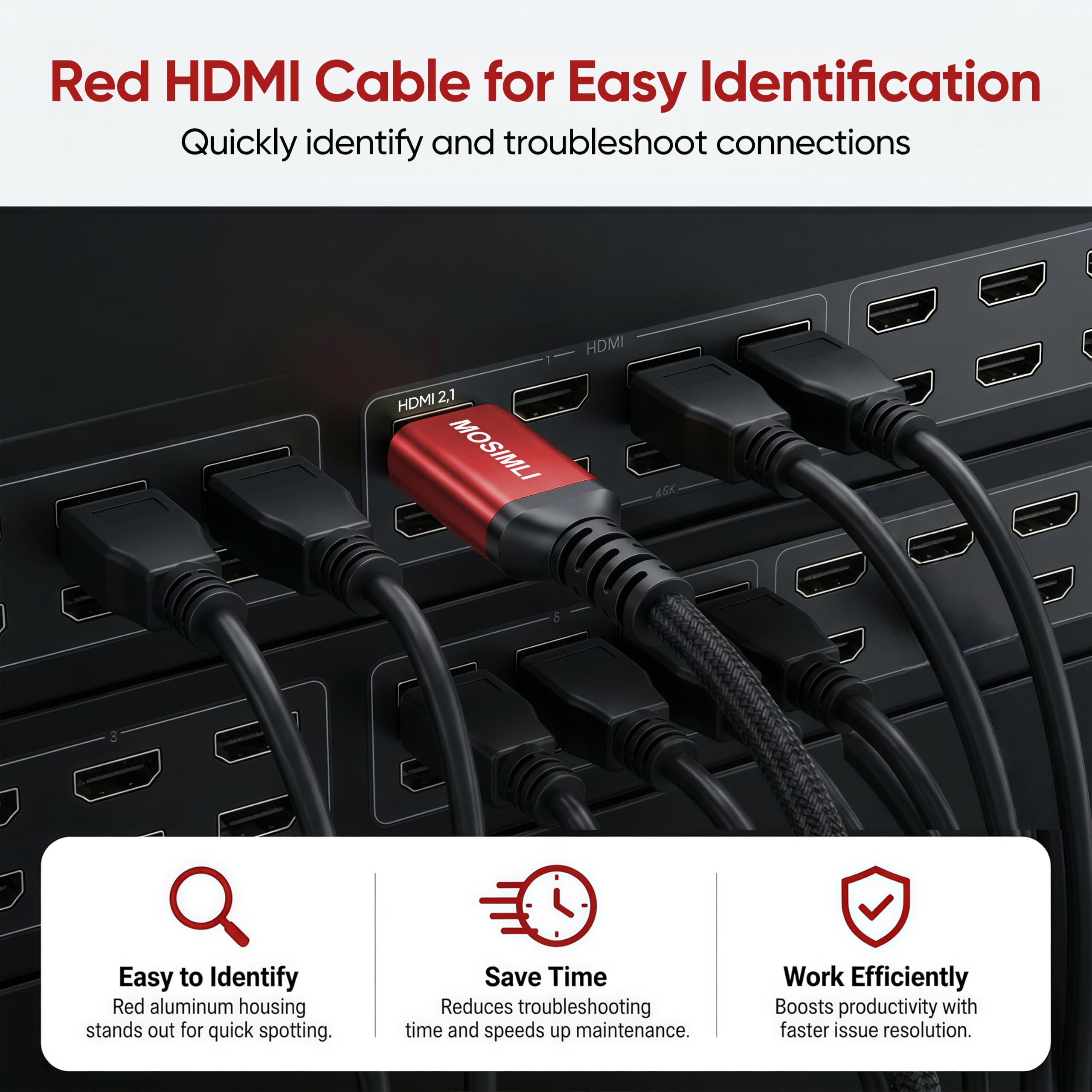 Lot de 4 câbles HDMI 8K de 4,6 m (rouge, identification facile), cordon de jeu HDMI 2.1, prend en charge 8K @ 60 Hz, 4K @ 120 Hz, HDR10+, SBTM, VRR, QFT, ALLM, 3D, HDCP 2.3 pour PS5, Xbox, TV, PC