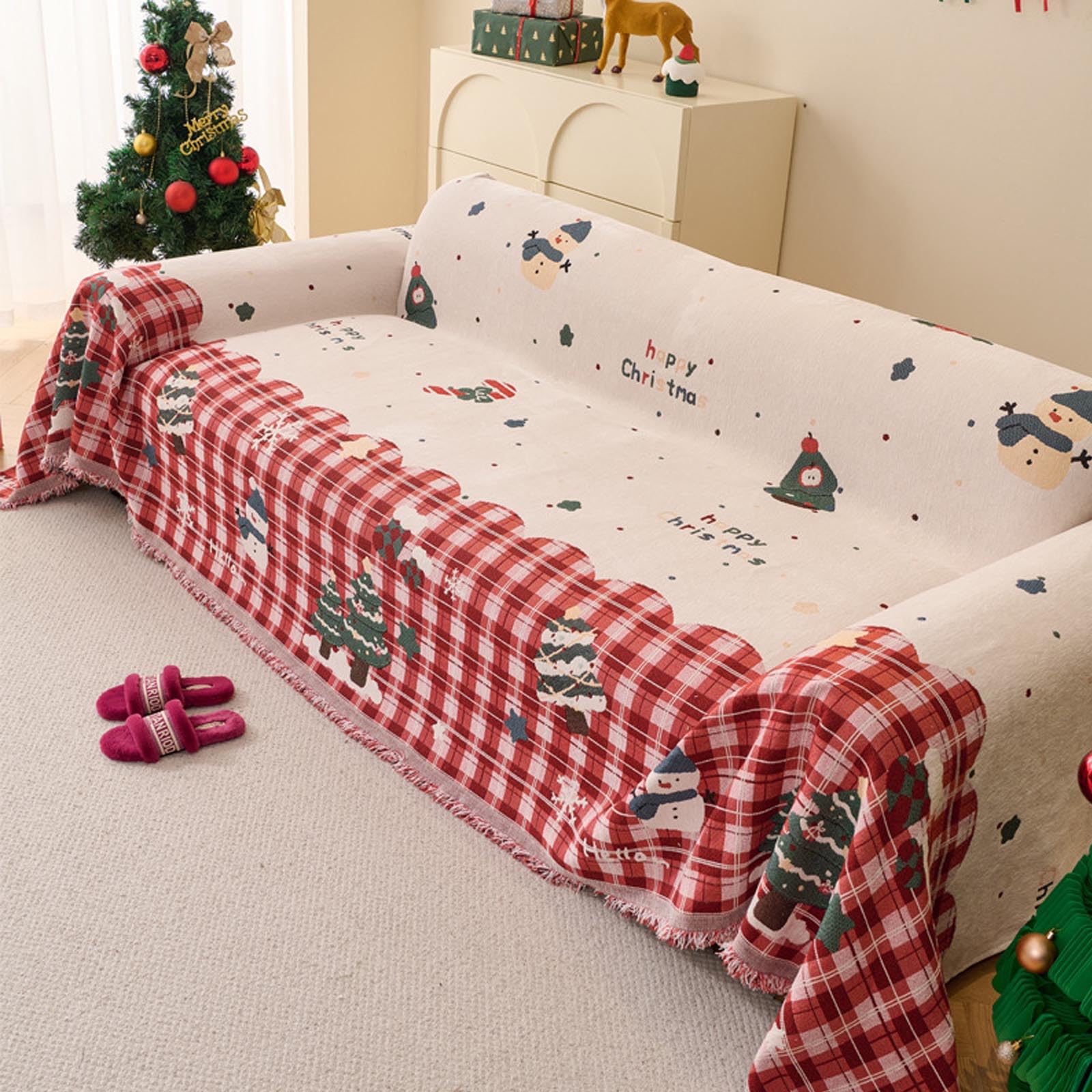 Housse de canapé chenille de Noël rouge 180x130cm réversible pour protection de meuble