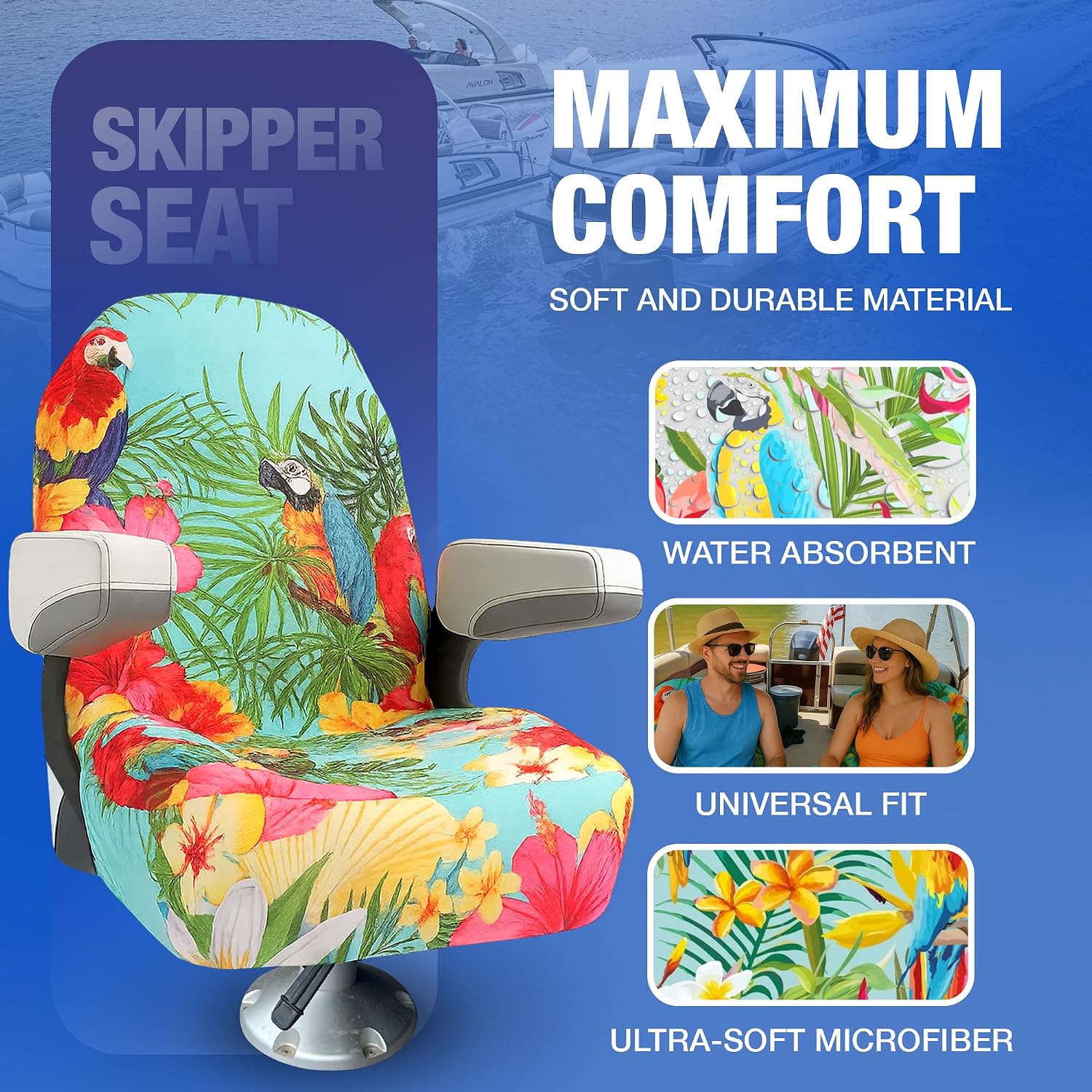 Universal Microfiber Quick-Dry Boat Seat Covers Fitted - Stylish Paradise Parrot Design for Fishing, Deck, Pontoon Boat Seats and More