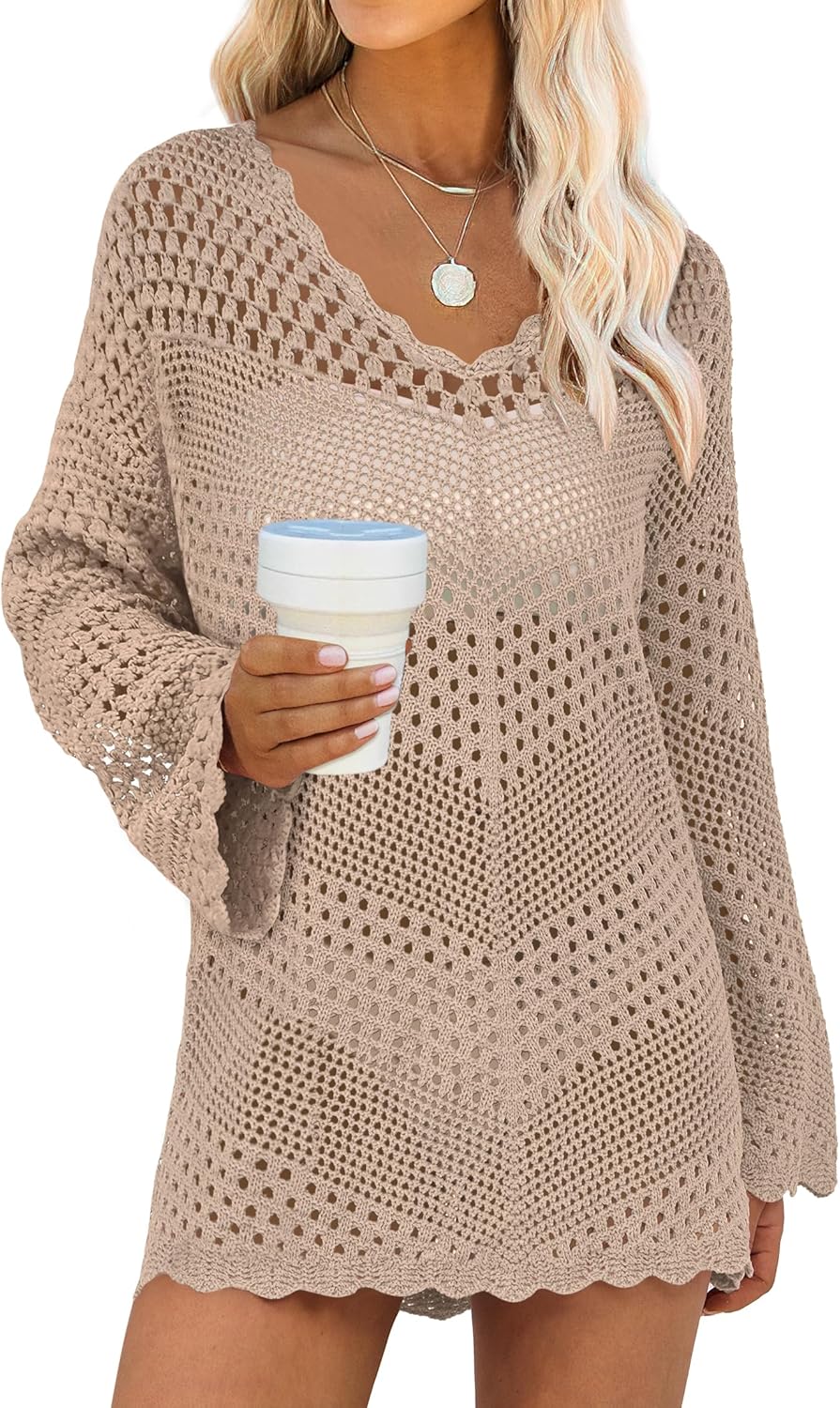 ANRABESS Swimsuit Cover Up for Women Crochet Bathing Suit Summer Swimwear V Neck Mesh Knit Dress 2026 Beach Vacation Clothes