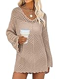 ANRABESS Swimsuit Cover Up for Women Crochet Bathing Suit Summer Swimwear V Neck Mesh Knit Dress 2026 Beach Vacation Clothes Khaki Small