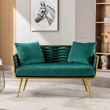 47" Small Loveseat Sofa,Velvet Futon Tufted Loveseat for Small Spaces,Modern Upholstered Armsofa Love Seat Sofa with Metal Legs,2-Seat Armchair for Bedroom Living Room Green