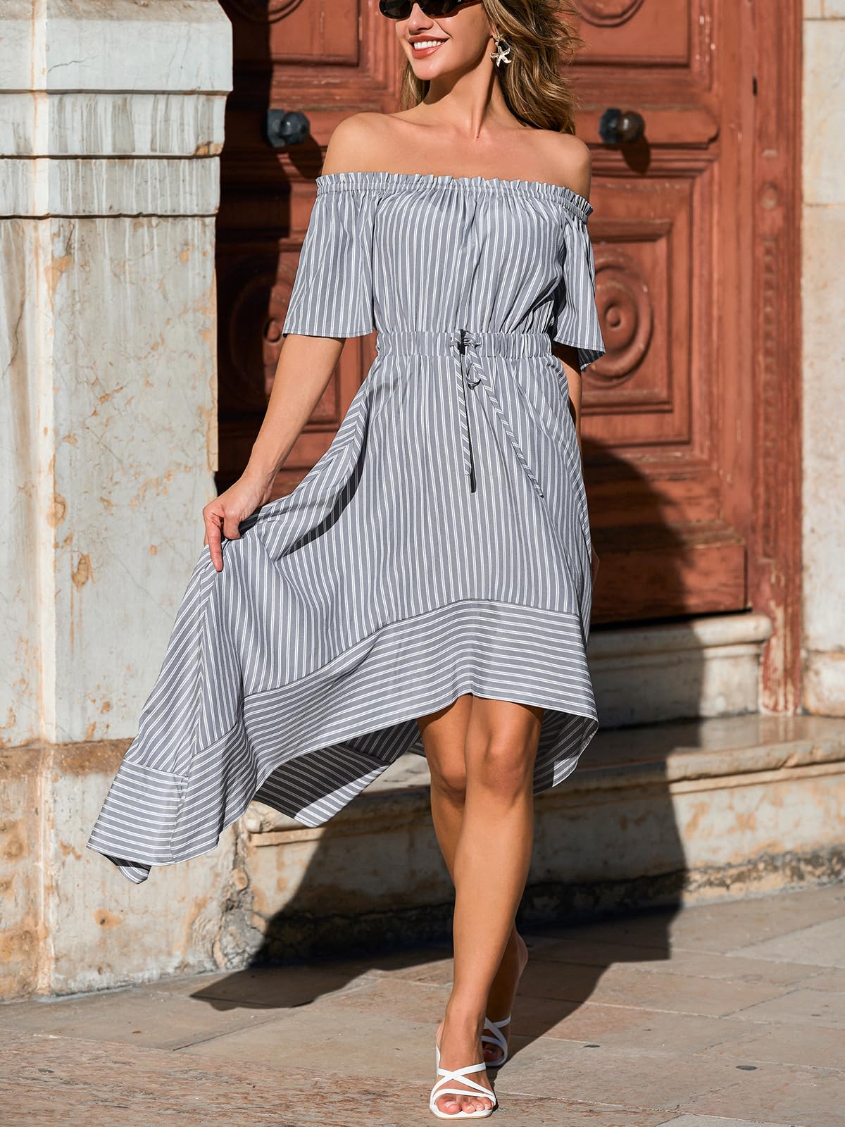 CUPSHE Damen Sommerkleid Midikleid Gestreift Schulterfrei Kurzarm Bindegürtel Volant Fließend Strandkleid Urlaubskleid Freizeitkleid