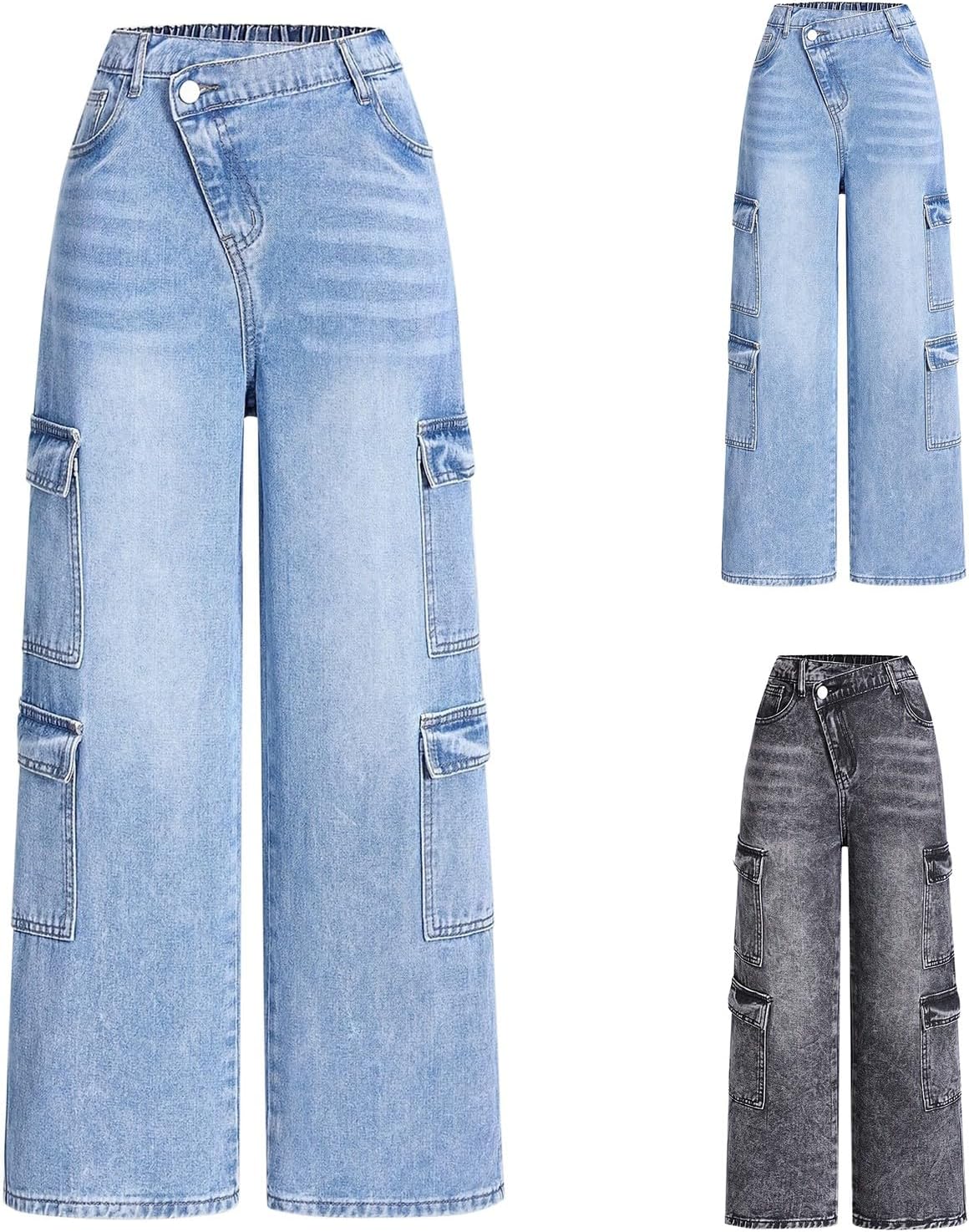 Kids Baggy Cargo Jeans Straight Wide Leg Denim Pants Teen Girls Cute High Elastic Waist Y2k Trendy Preppy Jean Clothes