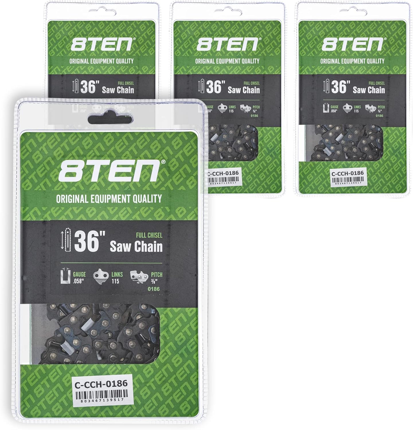 8TEN Full Chisel Chainsaw Chain 36 Inch .058 3/8 115DL for Husqvarna 591151515 501842815 (2 Pack)
