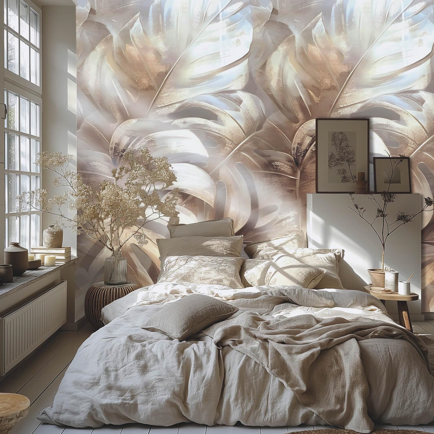 Papel pintado floral TNT marrón gris-beige de 0,53 m x 8,80 m para fotomural